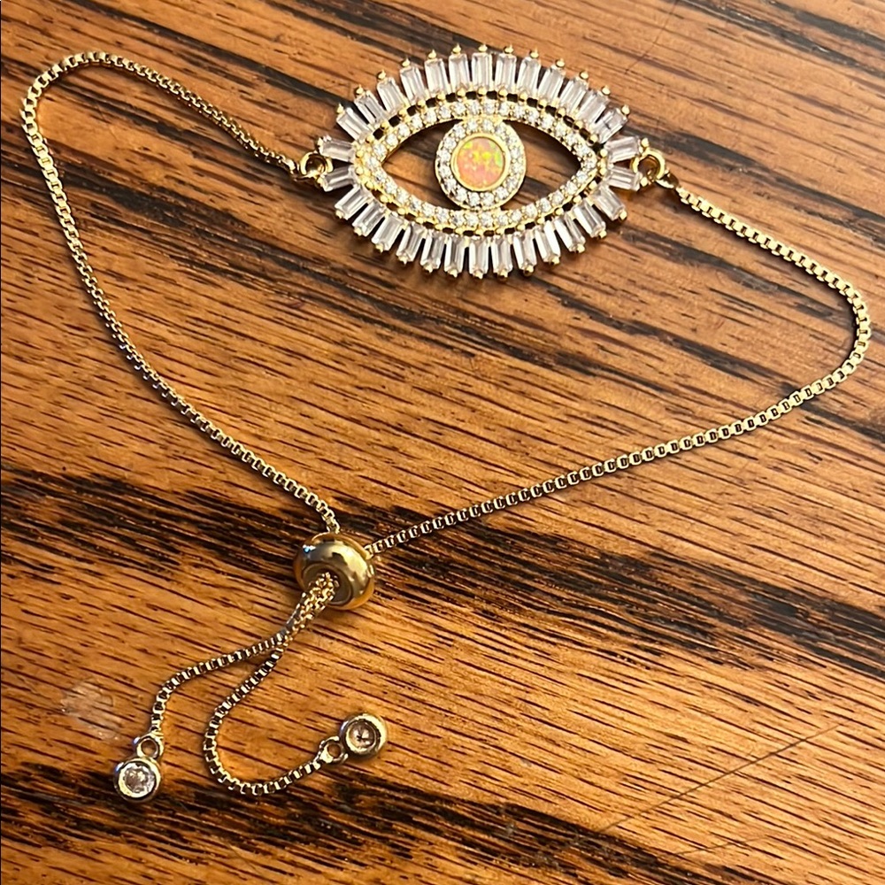 Gold Rhinestone Baguette Diamond CZ Evil Eye Bracelet Bead Adjustable Chain